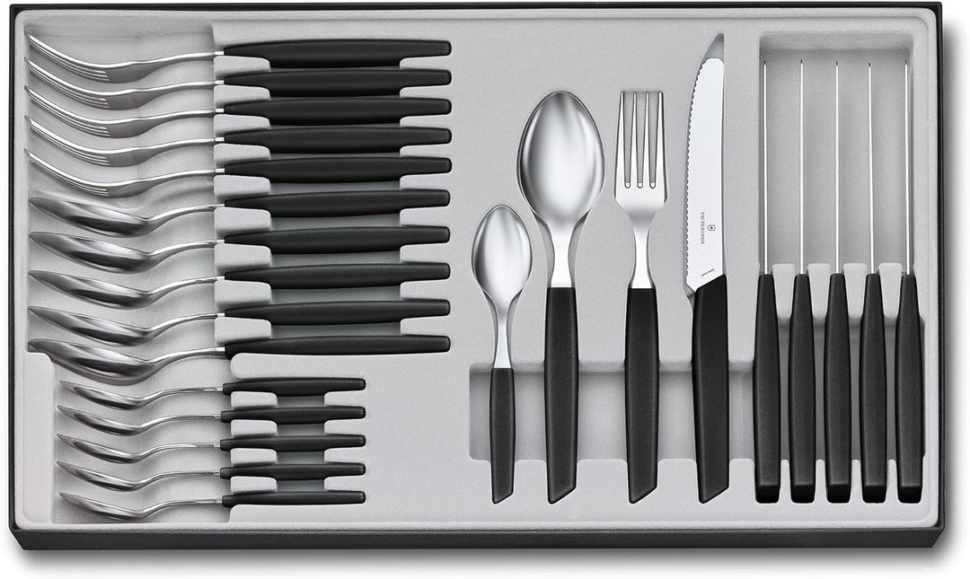 VICTORINOX Swiss Modern Besteck, 24-tlg mit Kunststoffgriffen, scharfe Klingen mit Wellenschliff, ro