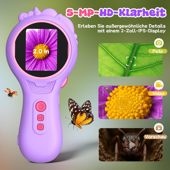 Einhorn Handy Digitales Mikroskop für Kinder, Tragbares Taschenmikroskop mit Licht 2,0" IPS-Bildschi