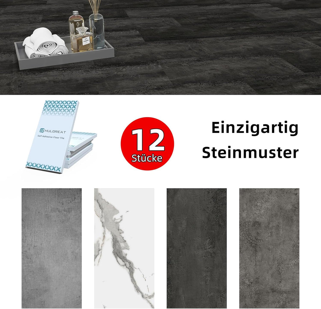 Mulgreat - PVC Bodenbelag - 12 Fliesen Selbstklebende Vinyl-Fliesen - Vinylboden - Betoneffekt - Vin