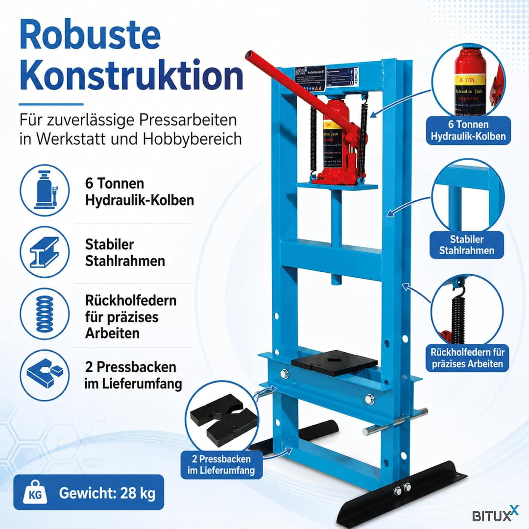 BITUXX Hydraulische Werkstattpresse 6T Presse Werkstatt Hydraulikpresse Rahmenpresse Dornpresse Tonn