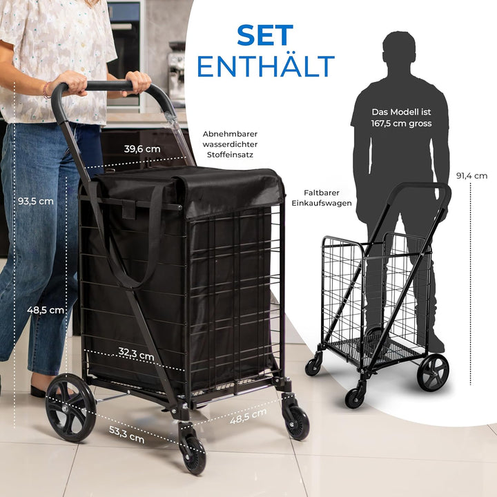 Serenelife Einkaufstrolley Klappbar, Einkaufswagen mit 50L Kapazität, Shopping Trolley bis 31.8kg Be