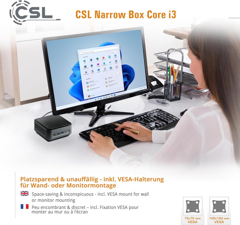 Mini PC CSL Narrow Box Core i3 Windows 11 Home, Intel Core i3-N305 8X 3800 MHz Turbotakt, 500 GB M.2