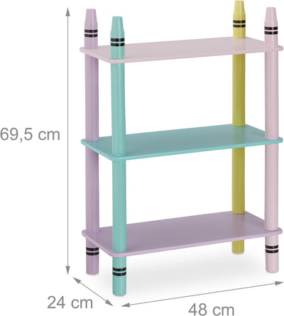 Relaxdays Kinderregal, 3 Ablagen, MDF & Holz, HxBxT: 69,5 x 48 x 24 cm, Wachsmalstifte Design, Büche