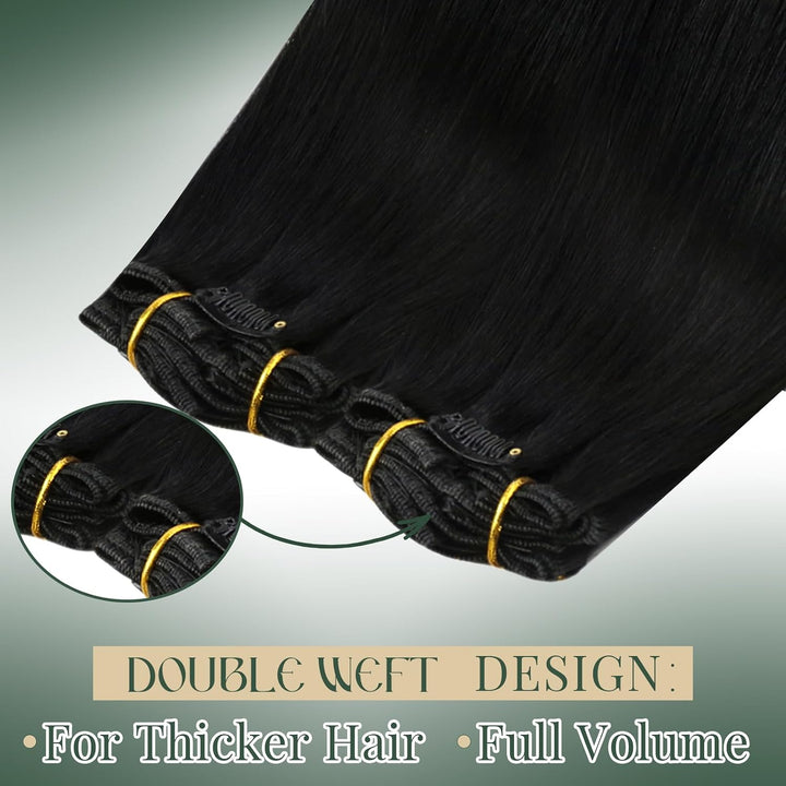 Ugeat Clip in Extensions Schwarz Echthaar Doppelt Tressen 105Gramm 55cm Extensions Echthaar mit Clip