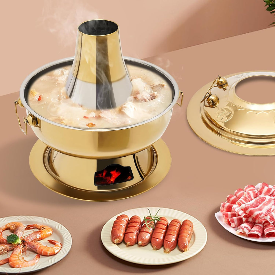 Hot Pot Topf, 2.3 Litre Campingherde Hot Pot aus Edelstahl, Messingfarbe Hotpot mit Schornstein, Chi