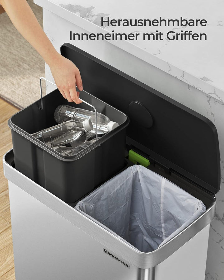 SONGMICS Mülleimer Küche, 2 x 30L, Mülltrennsystem, 2 Fächer, 15 Müllsäcke, Abfalleimer aus Edelstah