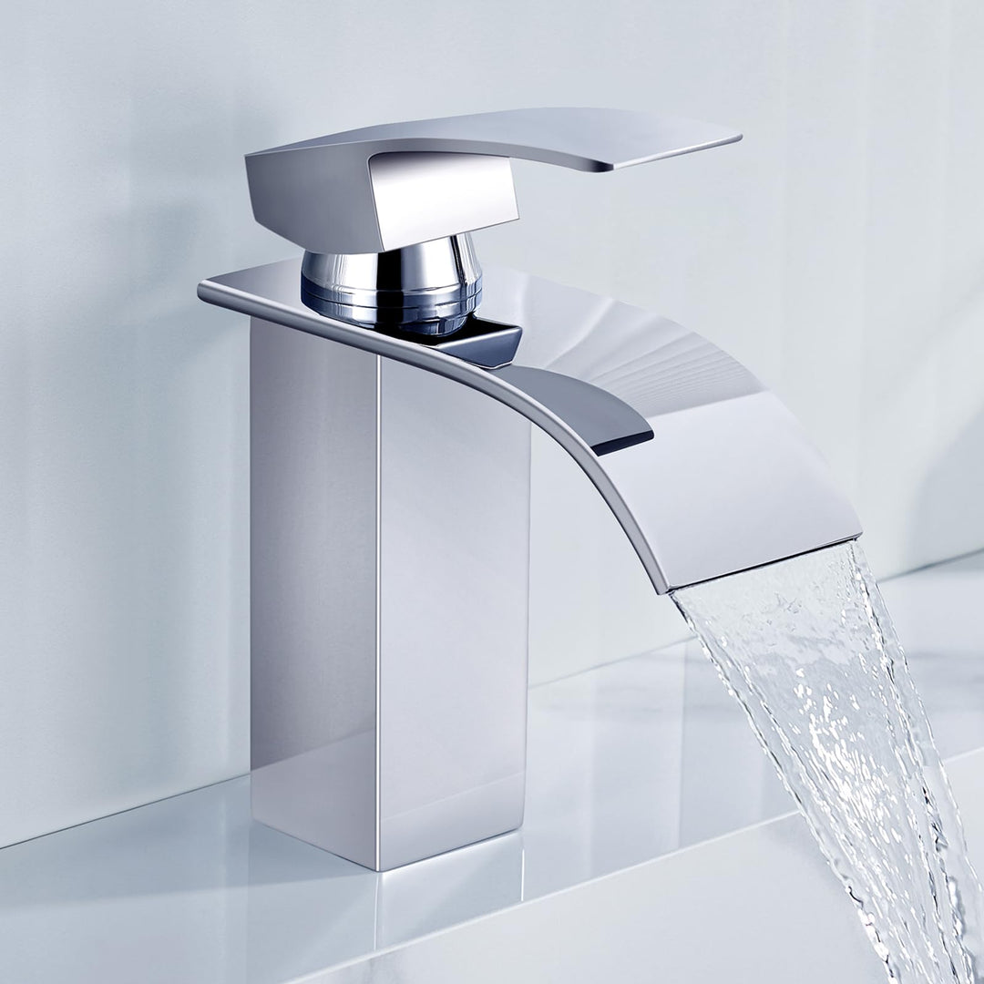 ANYCEE Wasserfall Wasserhahn Bad mit Auslauf Höhe 8,5cm, Edelstahl Waschtischarmatur Chrom, Badezimm
