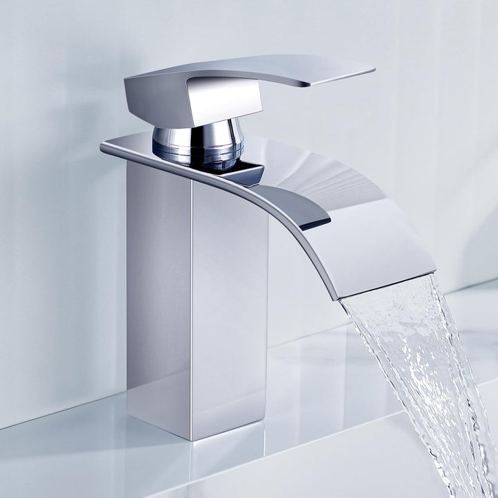 ANYCEE Wasserfall Wasserhahn Bad mit Auslauf Höhe 8,5cm, Edelstahl Waschtischarmatur Chrom, Badezimm