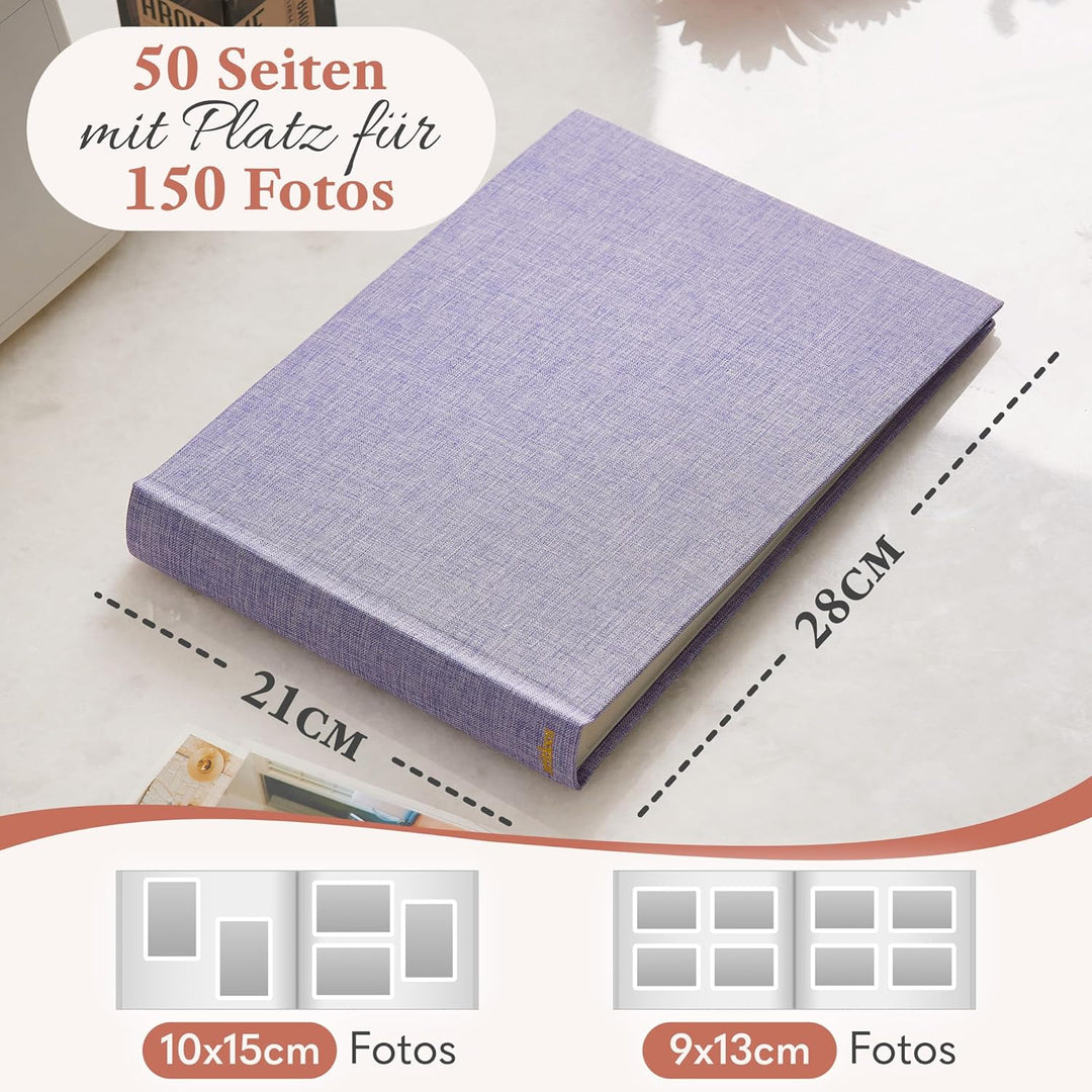 Fotoalbum zum Einkleben - Platz für 150 Fotos - echtes Leinen - Fotobuch 21 x 28 cm in Lila - 50 wei