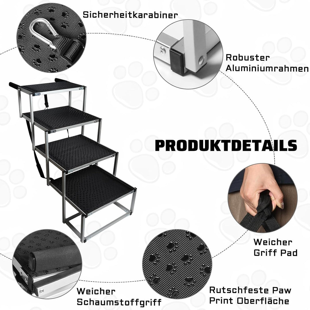 Storystore Hundetreppe Auto, 4 Stufen Hundetreppe Auto klappbar, Hunderampe Auto mit Rutschfester Ob