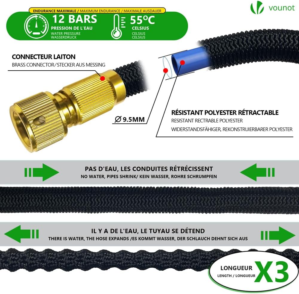 VOUNOT Flexibler Gartenschlauch 15 m, Flexibel Wasserschlauch Dehnbarer mit 10 Sprühfunktionen, 1/2