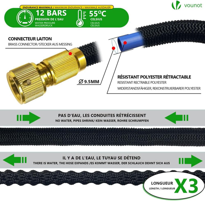 VOUNOT Flexibler Gartenschlauch 15 m, Flexibel Wasserschlauch Dehnbarer mit 10 Sprühfunktionen, 1/2