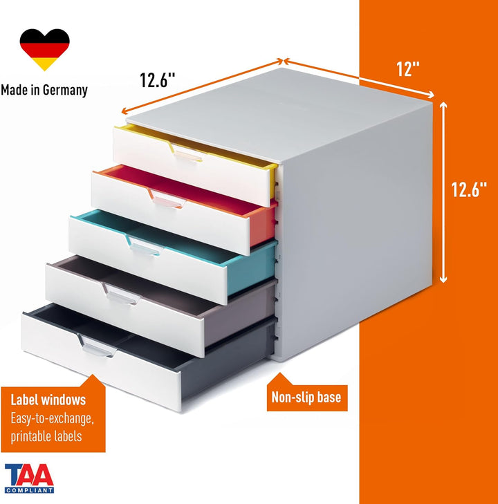 Durable Schubladenbox A4 (Varicolor Mix) 5 Fächer, mit Etiketten zur Beschriftung, mehrfarbig, 76252