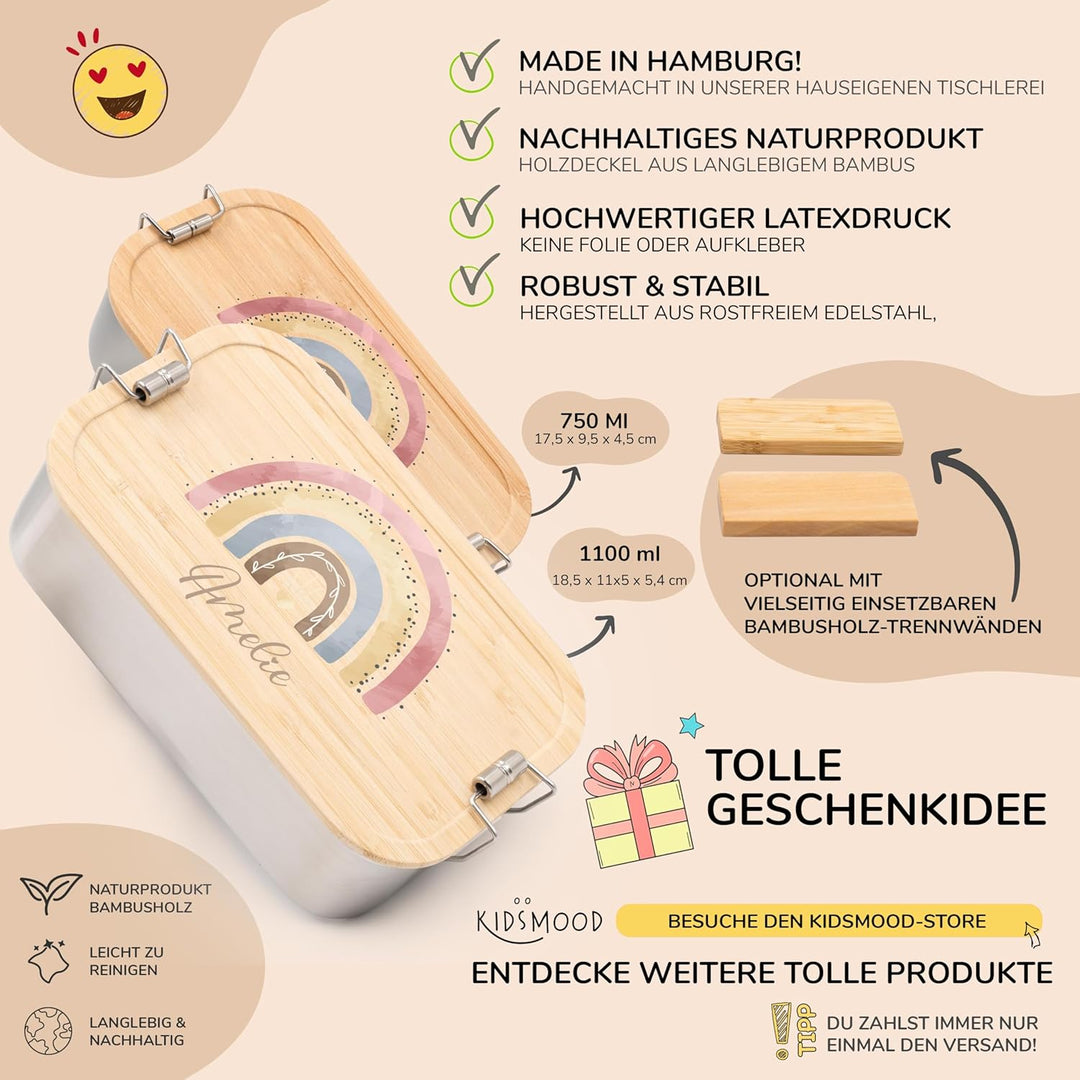 Kidsmood - Personalisierte Brotdose Kinder mit Fächern – Edelstahl Snackbox mit Fächern für Schule &
