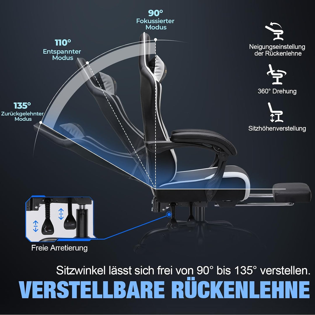GTPLAYER Gaming Stuhl Chair Gamer Sessel - Ergonomischer Gamer Stuhl mit Fussstütze Kopfstütze und L