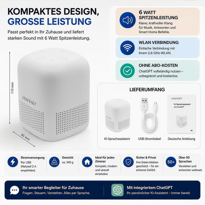 auvisio Smarthome Lautsprecher: KI-Sprachassistent mit ChatGPT,360° Sprachausgabe, Smarthome-Steueru