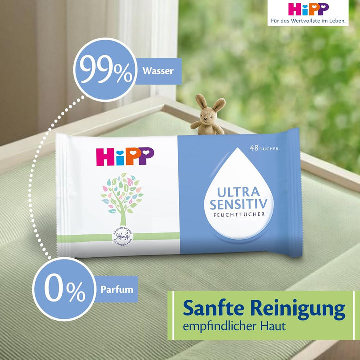 HiPP Babysanft Baby Feuchttücher Ultra Sensitiv, 720 Stück (3 x 240), mit 99% Wasser, ohne Parfum &