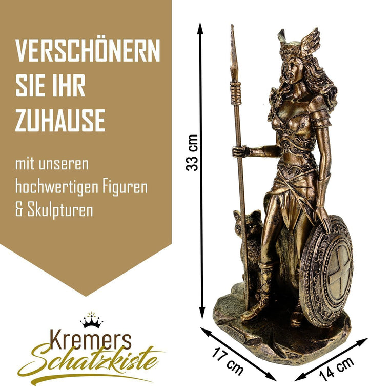 Kremers Schatzkiste germanische Göttin Freya in Rüstung mit Speer und Schild und Wildkatze Figur Odi
