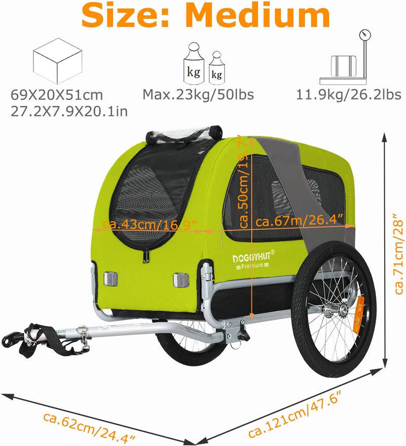 DOGGYHUT® Premium MEDIUM Fahrrad Hundeanhänger für Hunde bis 23 kg Fahrradanhänger Klappbar GRÜN, GR