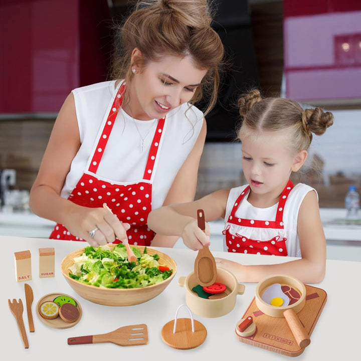 Topfset und Geschirr für Spielküche, Kinderküche Zubehör aus Holz, Küchenutensilien Pfanne Holzspiel