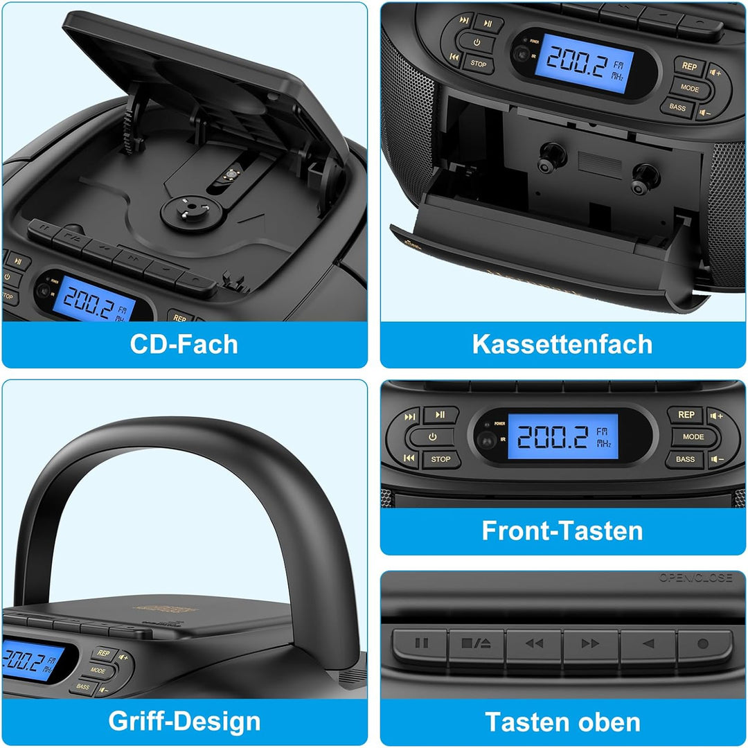 Hernido CD-Player mit Kassette, CD Boombox mit Bluetooth, UKW-Radio, Eingebauten Stereo-Lautsprecher