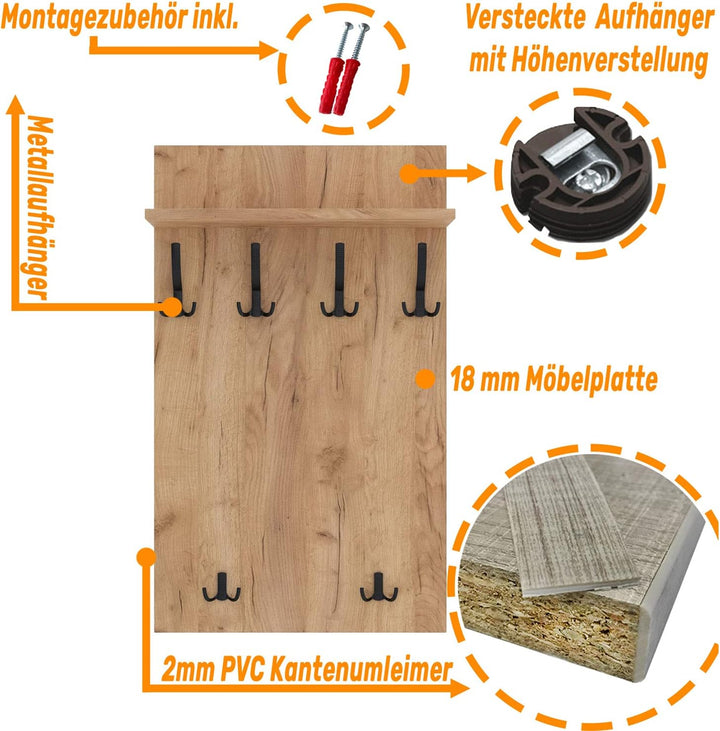 AKKE 120x60 | MAXI Garderobenpaneel Wandgarderobe Garderobe Wandpaneel Kleiderstange SCHWARZ | GOLD
