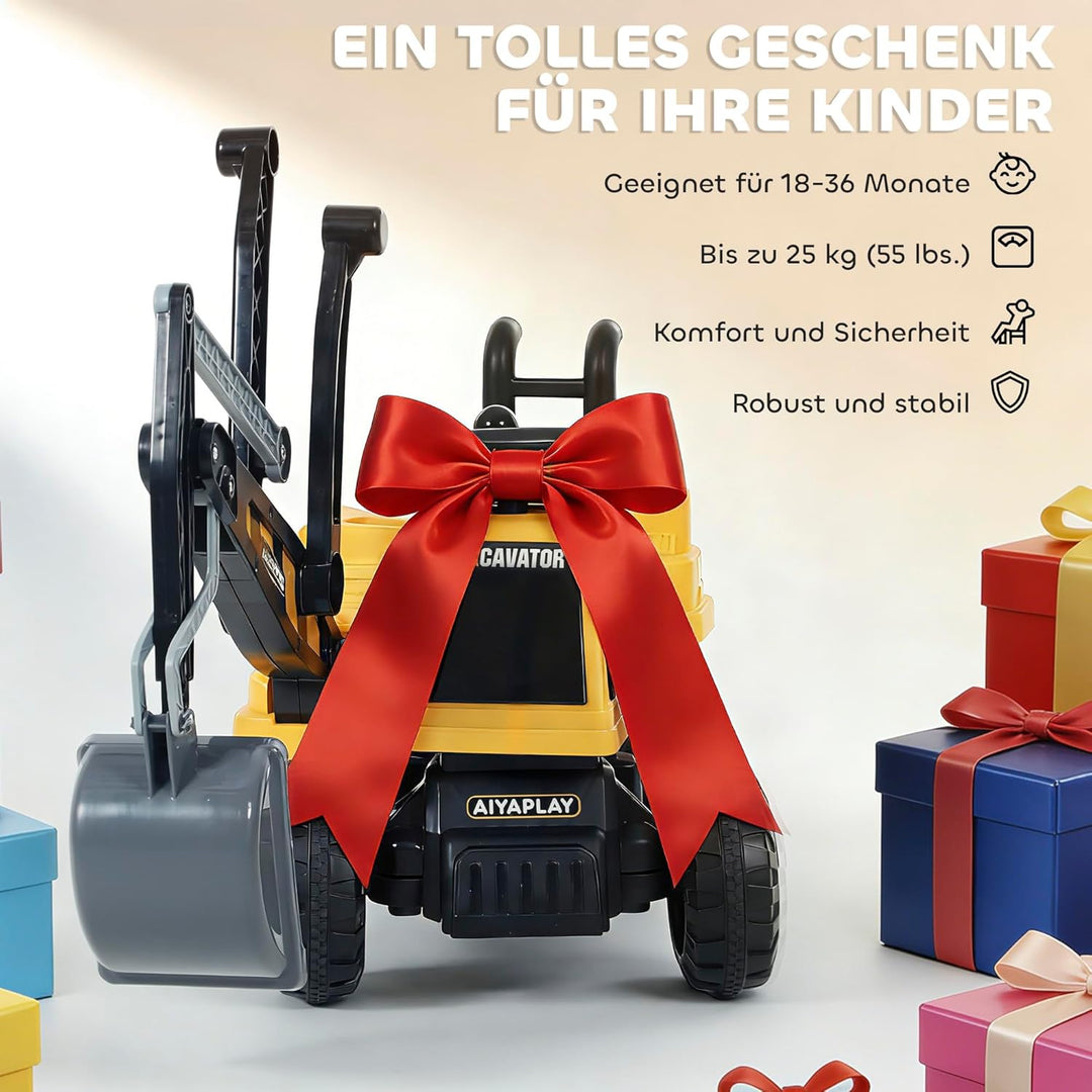AIYAPLAY Sitzbagger Aufsitzbagger mit Schaufel Lenkrad Kinderbagger mit drehbar Aufbau verstellbar R