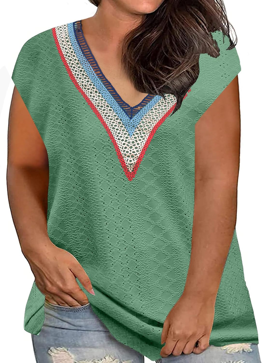 Grosse Grössen T-Shirts Damen V-Ausschnitt Plus Size Mode Strick Top Sommer Oversize Frauen Tshirts