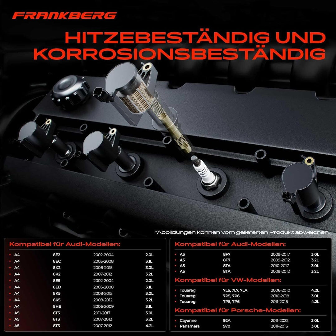 Frankberg 4x Zündspule Zündkerzen Satz Benzin Kompatibel mit A4 8E2 8EC 8K2 2002-2015 A5 8T3 2007-20