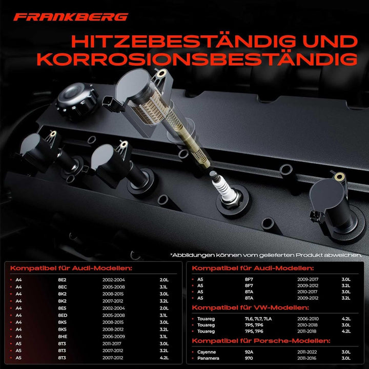 Frankberg 4x Zündspule Zündkerzen Satz Benzin Kompatibel mit A4 8E2 8EC 8K2 2002-2015 A5 8T3 2007-20