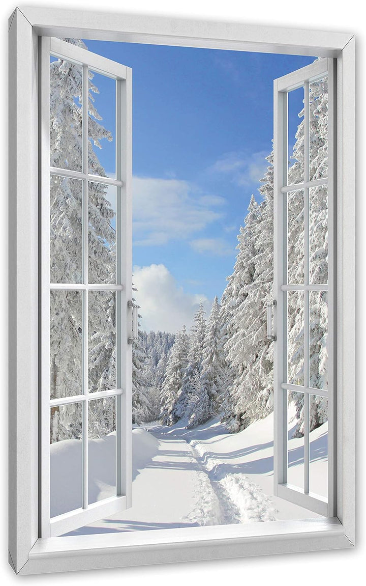 Pixxprint Winterlandschaft Bäume, Fenster Leinwandbild | Grösse: 100x70 cm | Wandbild | Kunstdruck,