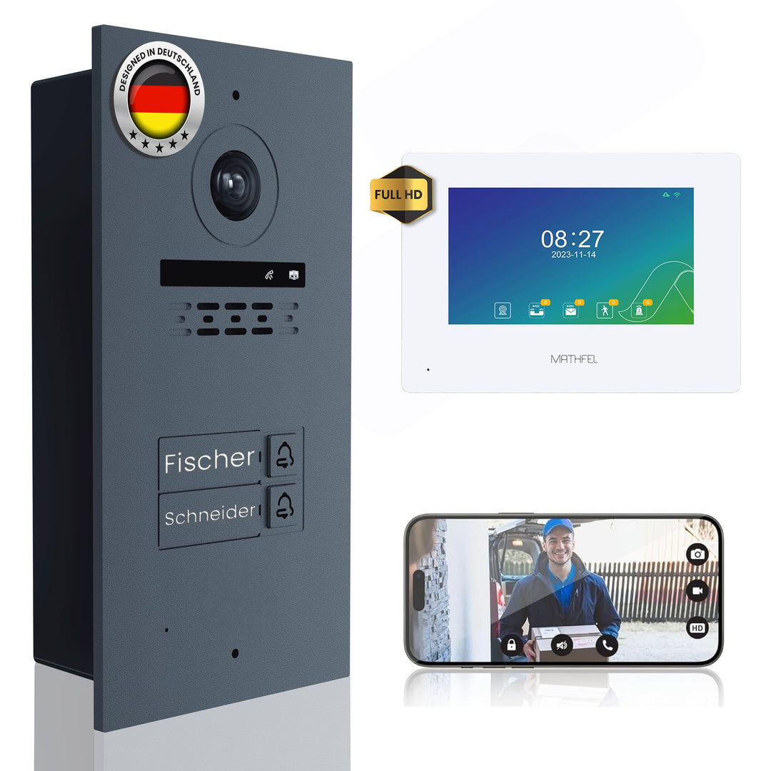 Mathfel 2-Draht Video Türsprechanlage mit Gravur – WLAN Monitor, 2MP HD Kamera, 170° Weitwinkel, Tür