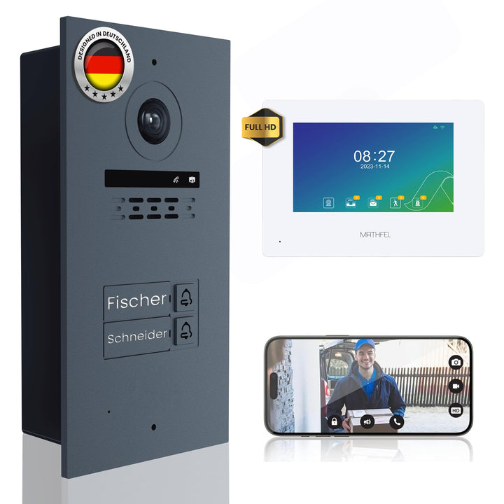 Mathfel 2-Draht Video Türsprechanlage mit Gravur – WLAN Monitor, 2MP HD Kamera, 170° Weitwinkel, Tür