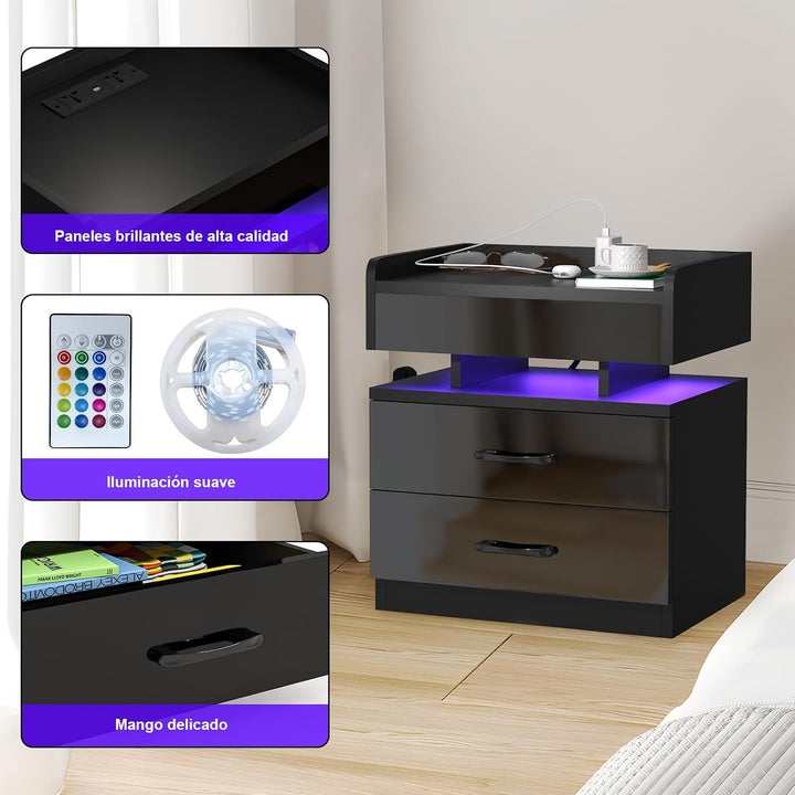 2er Set Nachttisch mit Steckdosen und USB-Anschlüsse, LED Licht 16 Farben Beleuchtung, Schublade und