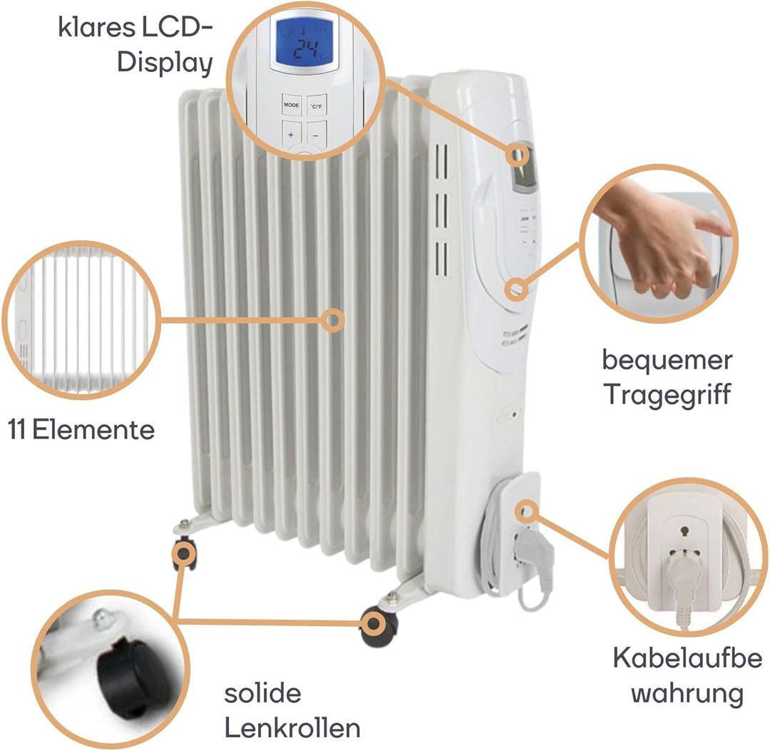 Perel 2500W Ölradiator mit 11 Rippen, 3 Heizstufen, LCD-Display, Timer, einstellbarem Thermostat, Gr