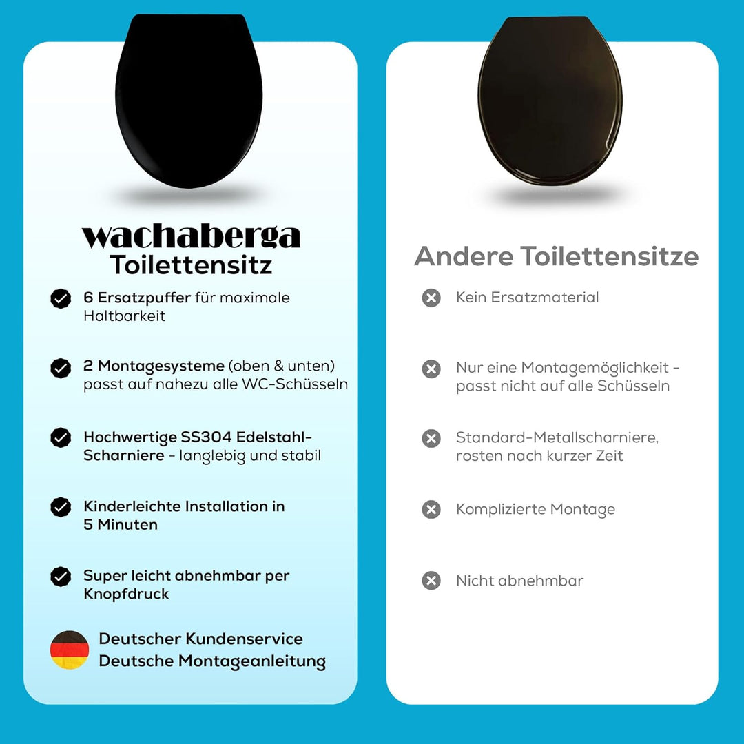 Toilettendeckel schwarz mit Absenkautomatik, WC Sitz Oval Duroplast mit Softclose, stabilen Edelstah