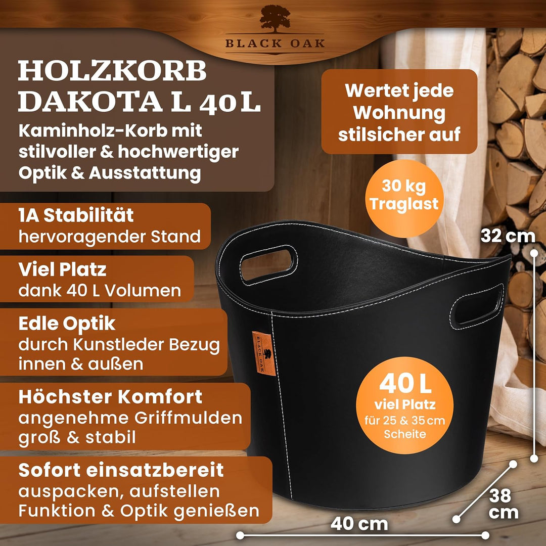 BLACK OAK DAKOTA L 40L Holzkorb für Kaminholz - Kunstleder schwarz 30kg Traglast - 40 Liter 40x38x32