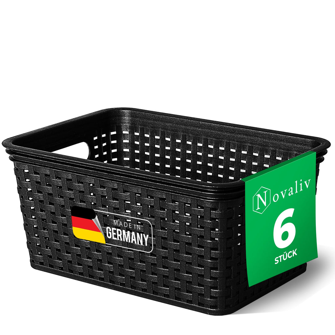 Novaliv 6x Aufbewahrungskorb in Rattan-Optik ohne Deckel | Schwarz Kunststoff 5L Nestbar Storage box