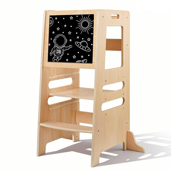 Montessori Lernturm mit Kreidetafel &amp; 3-stufig höhenverstellbar – 2-in-1 Küchenhelfer aus Holz für K