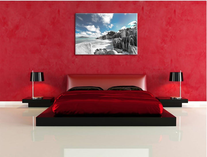 Pixxprint Seychellen Strand als Leinwandbild/Grösse: 100x70 cm/Wandbild/Kunstdruck/fertig bespannt,