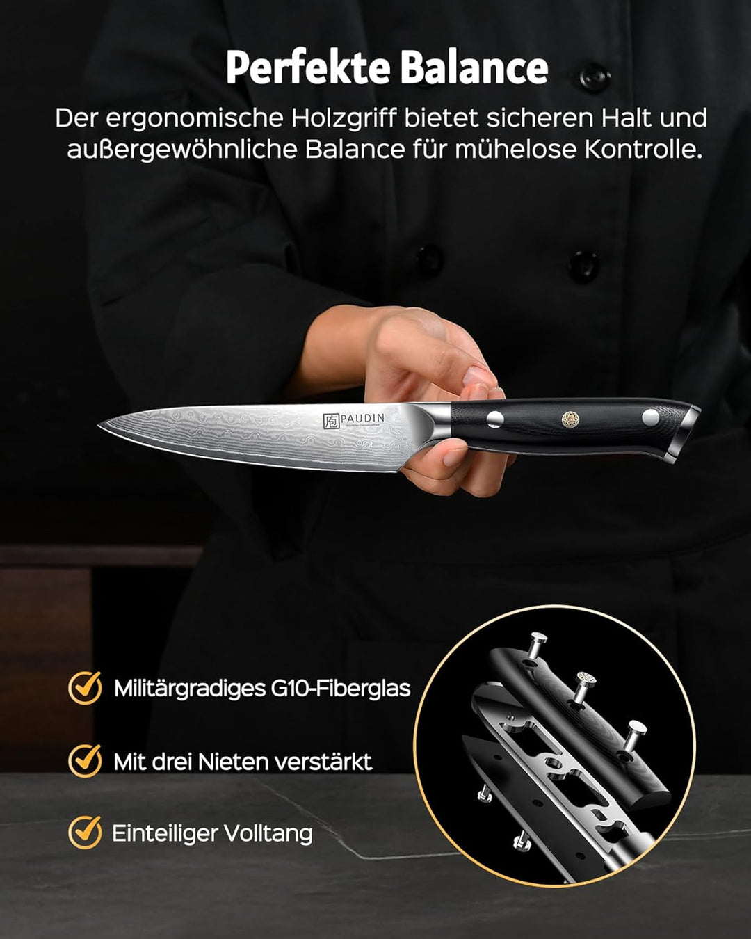 PAUDIN Damastmesser 13 cm Allzweckmesser Chefmesser Kochmesser profi Küchenmesser scharfes Messer mi