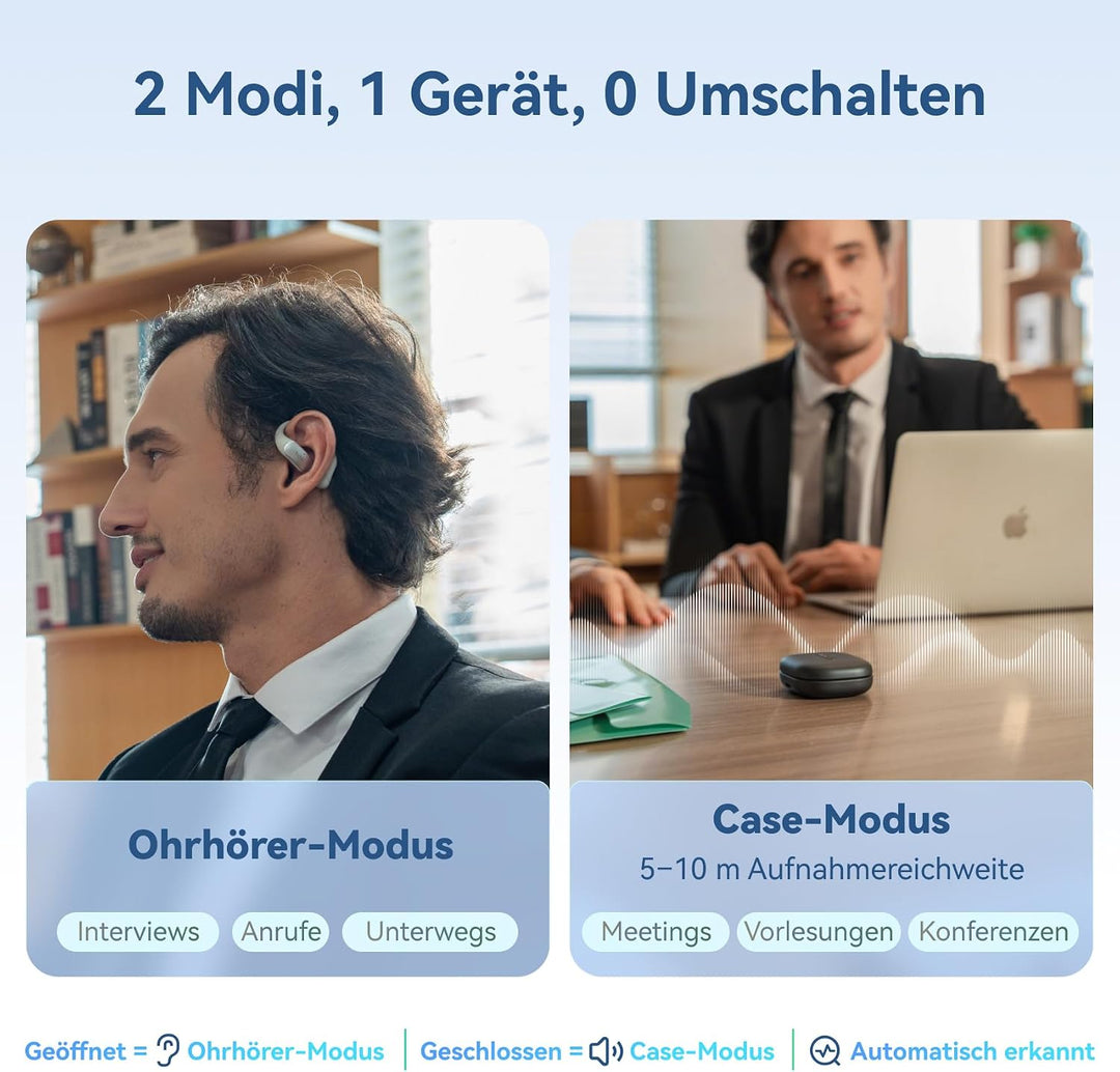 Mobvoi TicNote Pods Wearable KI-Sprachrekorder mit Auto-Transkription &amp; Meeting-Notizen, Wi-Fi – Spr