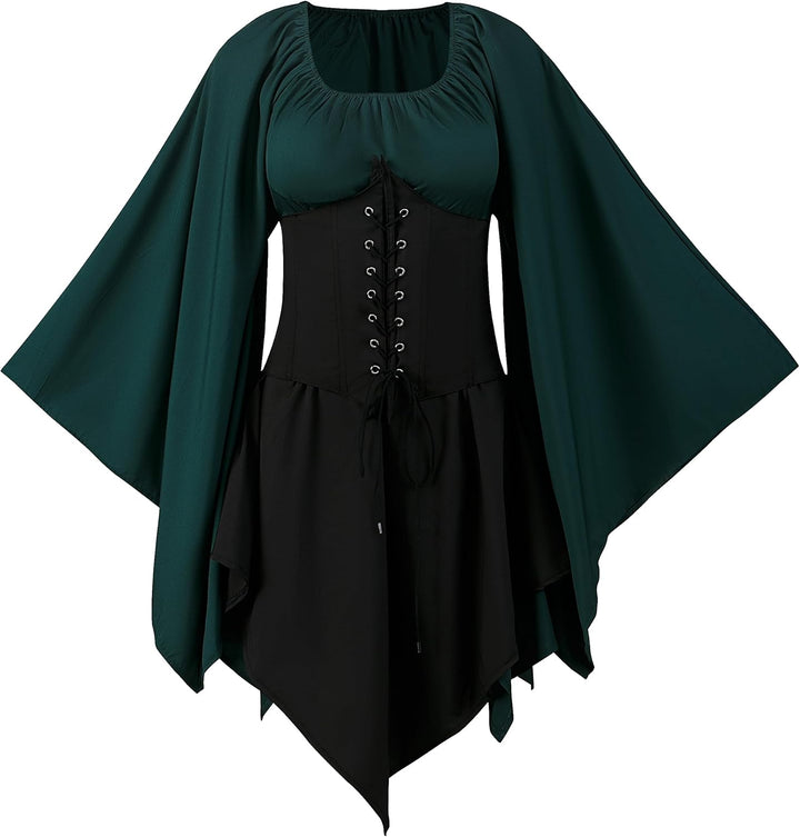 Renaissance Kostüm Frauen Mittelalterliches Kleid mit Trompetenärmel Gotisch Maxikleid Karneval Hall