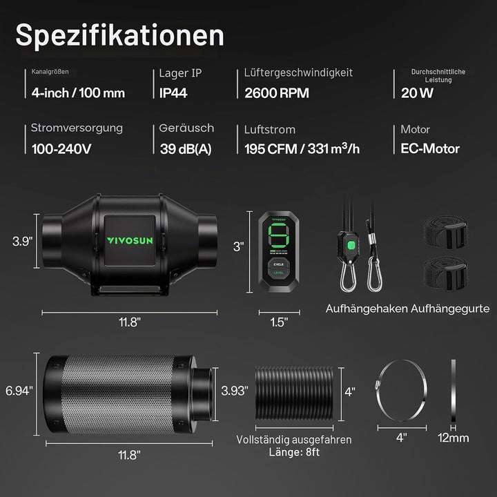 VIVOSUN Rohrventilator 100mm Abluftventilator 331m³/h mit E12-Geschwindigkeitsregler Kohlefilter & 2
