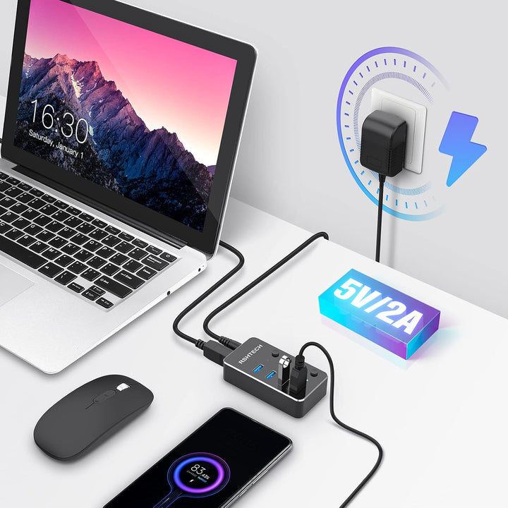 USB Hub Aktiv 3.0 mit Netzteil, RSHTECH USB 3.0 Hub mit 4 Datenports USB 3.0 Port Verteiler mit 100c