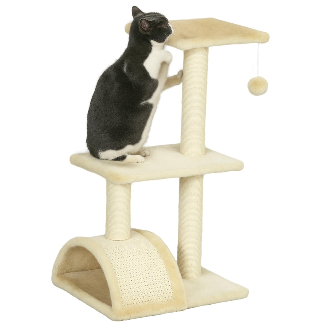 PawHut Kratzbaum 72 cm Katzenturm mit Plüschballen, Sisalstämme, Plattform, Kratzbrett mehrstöckiger