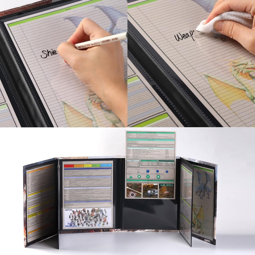 DND DM Screen 8 Panels with Embossed Fabric 2 Swinging Wet Erase Pockets and 8 Cheat Sheets Dungeon
