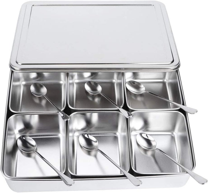 Haofy Edelstahl-Gewürzbox, Gewürzvorratsbehälter mit 6 Gittern, Gewürzglasbehälter-Set mit Löffeln K