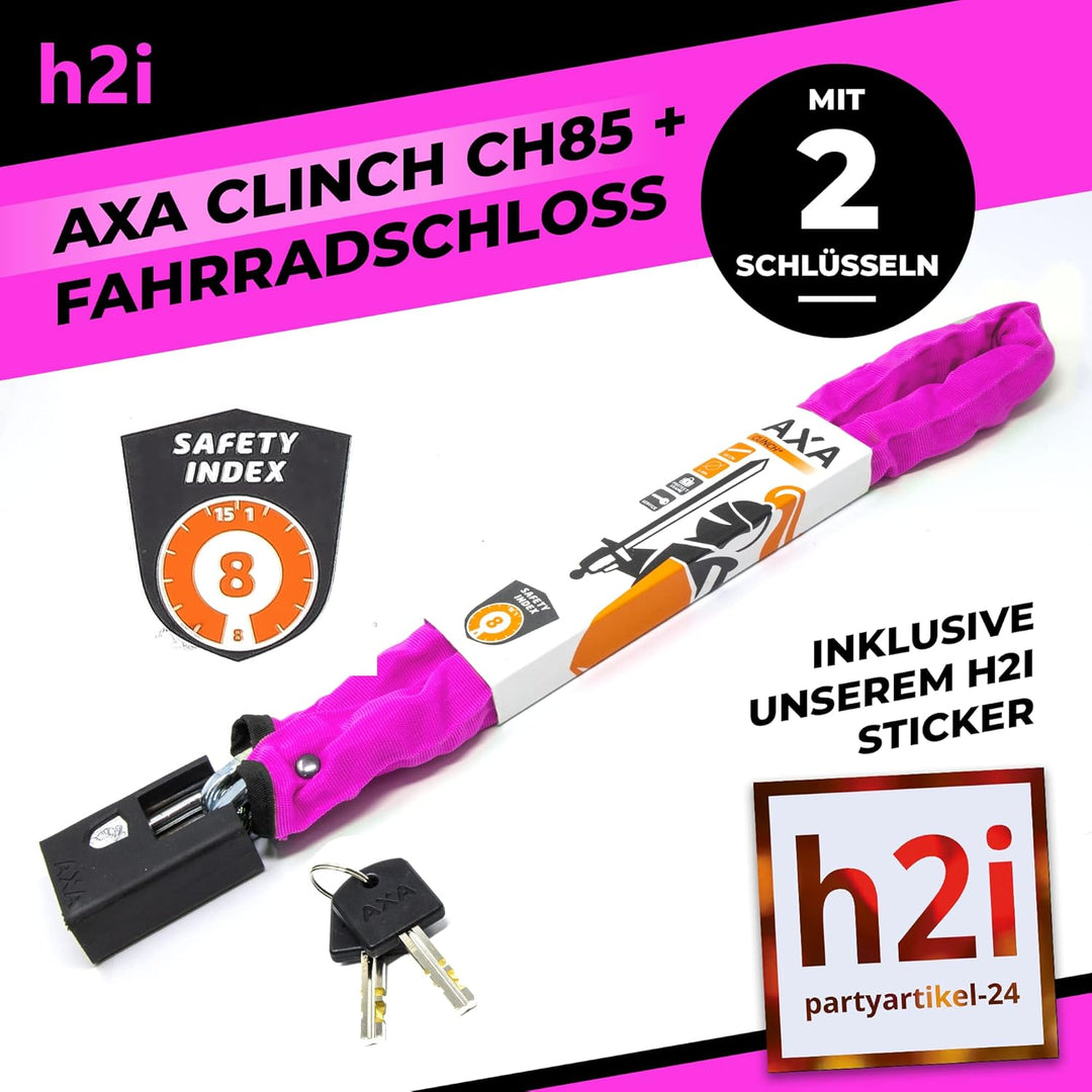 h2i Set aus AXA Kettenschloss Clinch CH85 Plus in Pink und h2i Sticker, Fahrradschloss mit Kette 85c