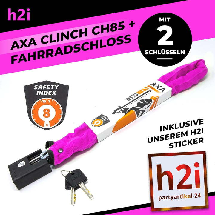 h2i Set aus AXA Kettenschloss Clinch CH85 Plus in Pink und h2i Sticker, Fahrradschloss mit Kette 85c